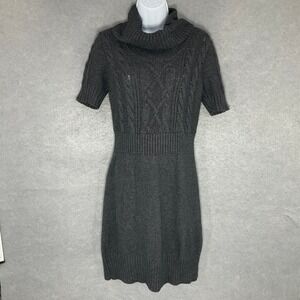 LOFT Cable Knit Sweater Dress Short Sleeve Wool Blend Cowl Neck Gray Sz Preppy M